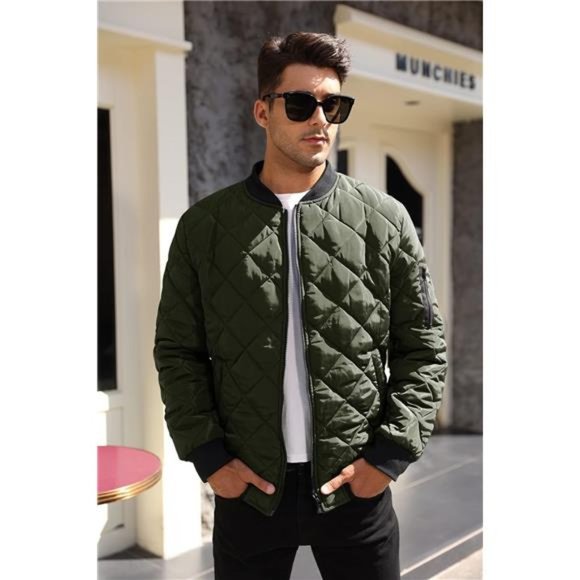 Mens Diamond Quilted Jackets Bomber Varsity Winter Fall Chunky Coats Outwear - Picture 2 of 7